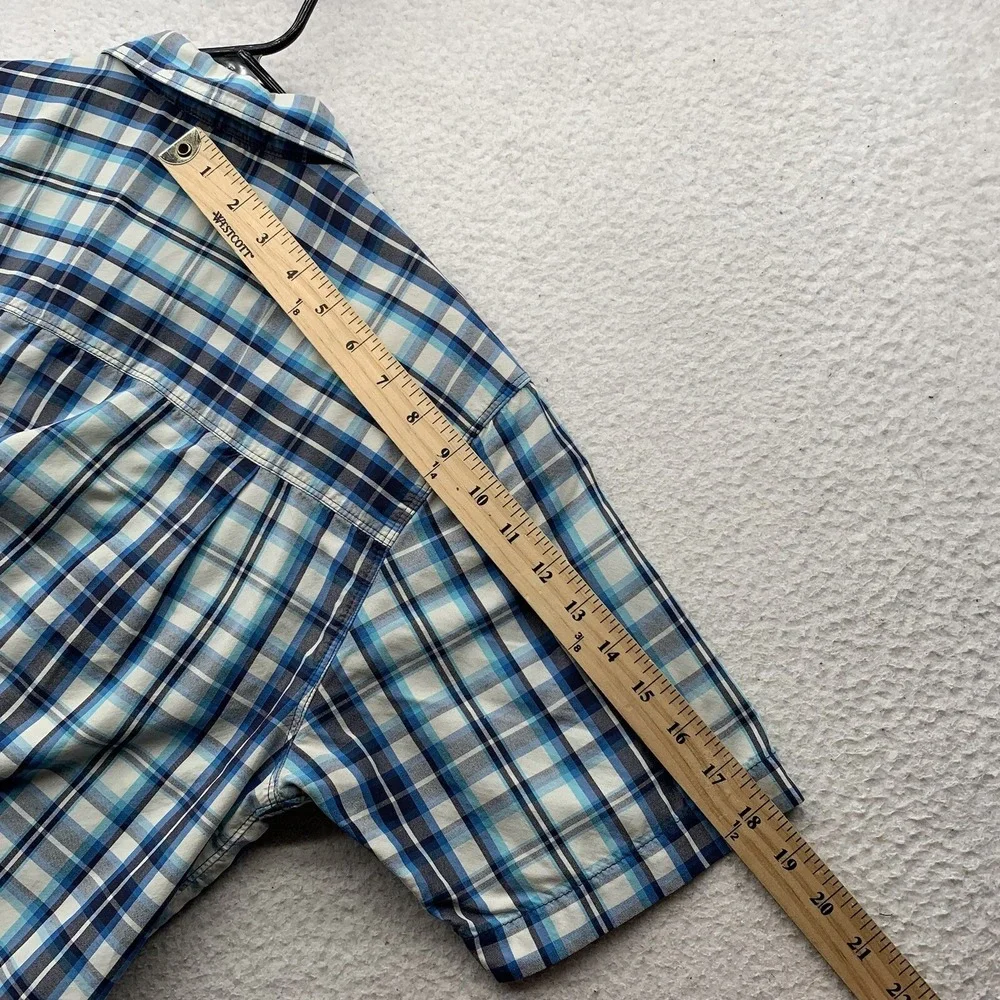 The North Face Button Up Shirt Mens Small Blue White Plaid Tencel Hiking Camping